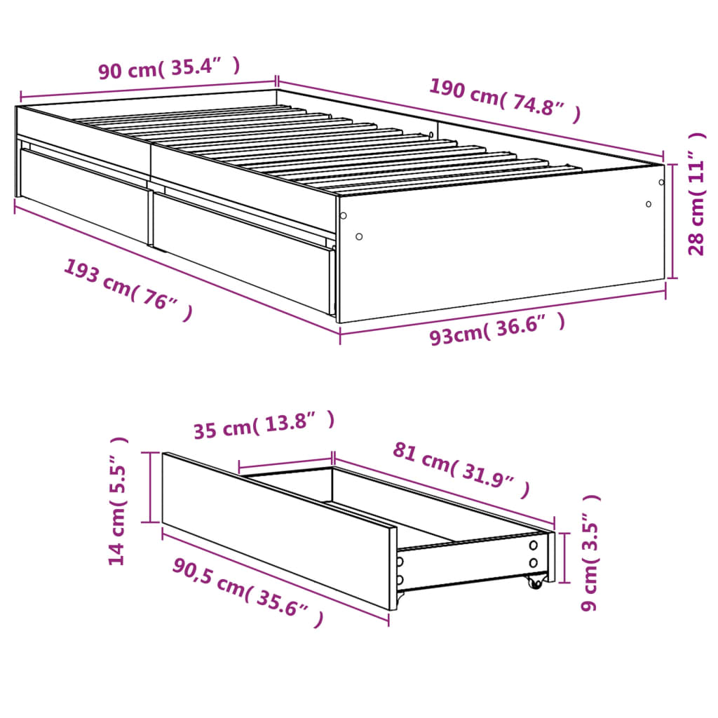 Bed Frame with Drawers without Mattress White 90x190 cm