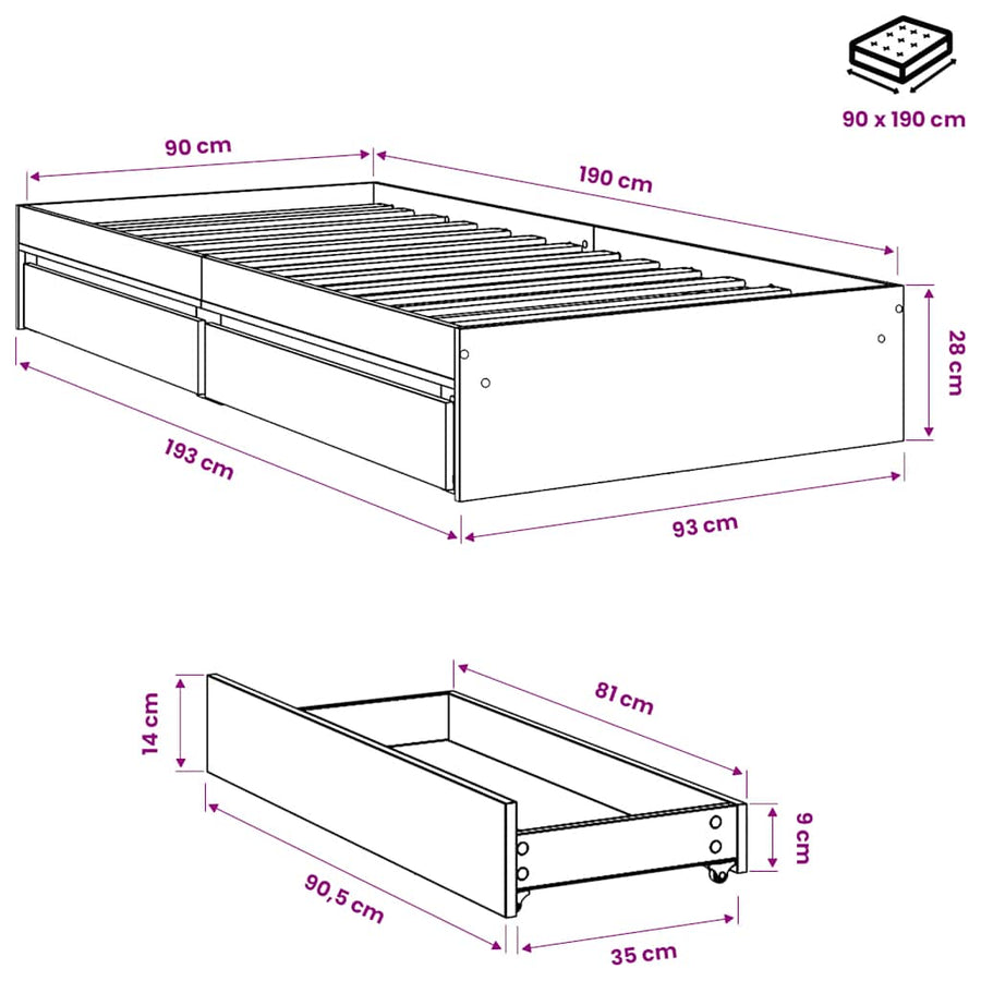 Bed Frame with Drawers without Mattress White 90x190 cm