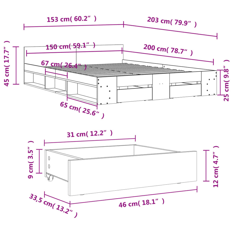 Bed Frame with Drawers without Mattress White 150x200 cm