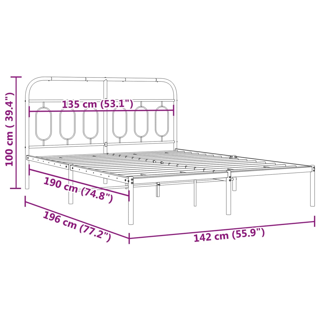 Metal Bed Frame without Mattress with Headboard Black 135x190 cm