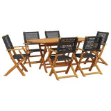 7 Piece Garden Dining Set Black Poly Rattan and Solid Wood - Front View