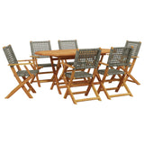 7 Piece Garden Dining Set Grey Poly Rattan and Solid Wood - Front View