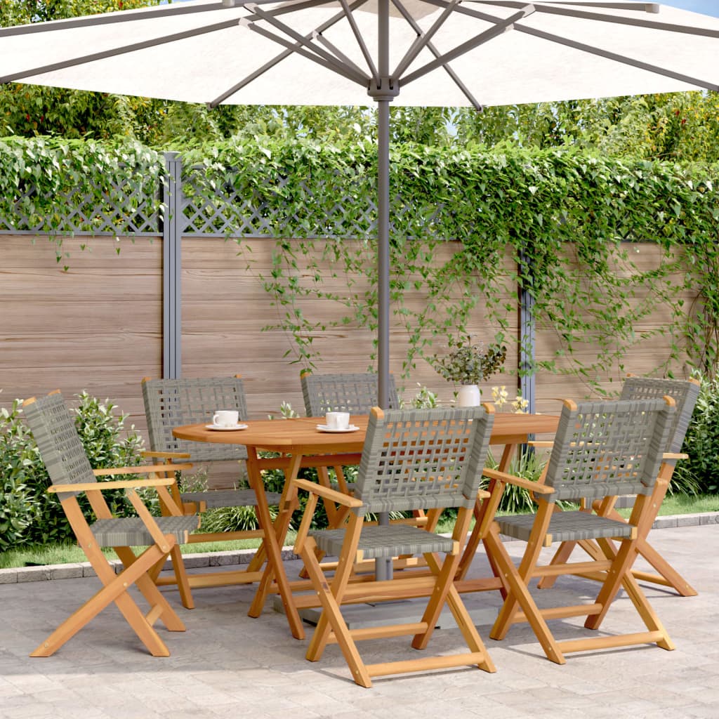7 Piece Garden Dining Set Grey Poly Rattan and Solid Wood
