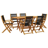 7 Piece Garden Dining Set Black Polypropylene and Solid Wood - Front View