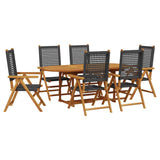 7 Piece Garden Dining Set Black Poly Rattan and Solid Wood - Front View
