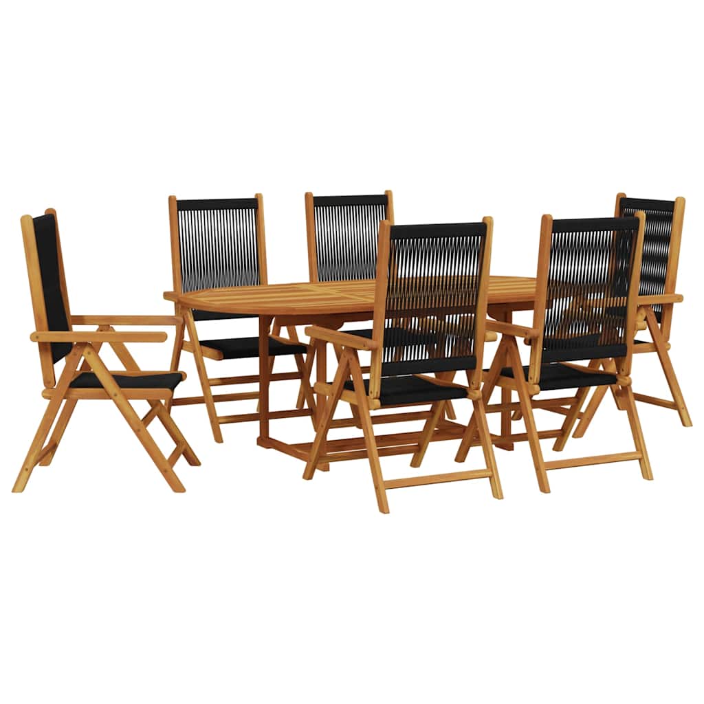 7 Piece Garden Dining Set Black Polypropylene and Solid Wood