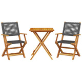 3 Piece Bistro Set Black Poly Rattan and Solid Wood - Front View