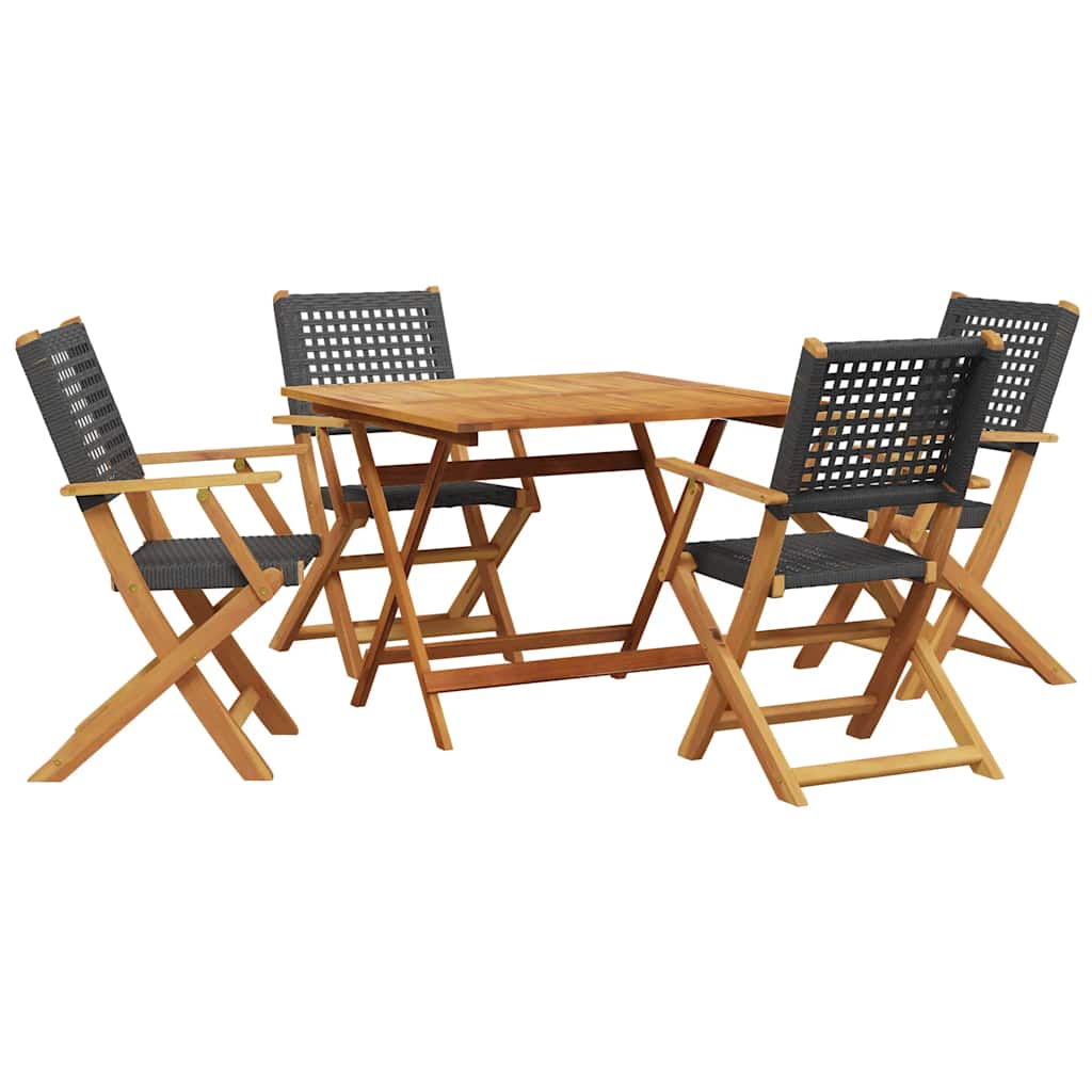 5 Piece Garden Dining Set Black Poly Rattan and Solid Wood
