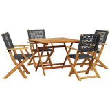 5 Piece Garden Dining Set Black Poly Rattan and Solid Wood