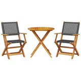 3 Piece Bistro Set Black Poly Rattan and Solid Wood - Front View