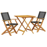 3 Piece Bistro Set Black Poly Rattan and Solid Wood - Front View