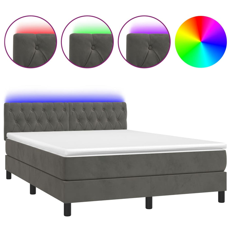 Box Spring Bed with Mattress&LED Dark Grey 152x203 cm Velvet