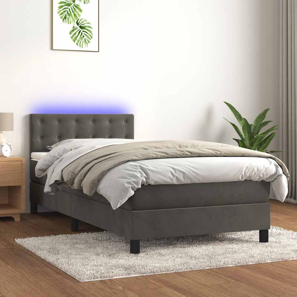 Box Spring Bed with Mattress&LED Dark Grey 107x203 cm King Single Size Velvet