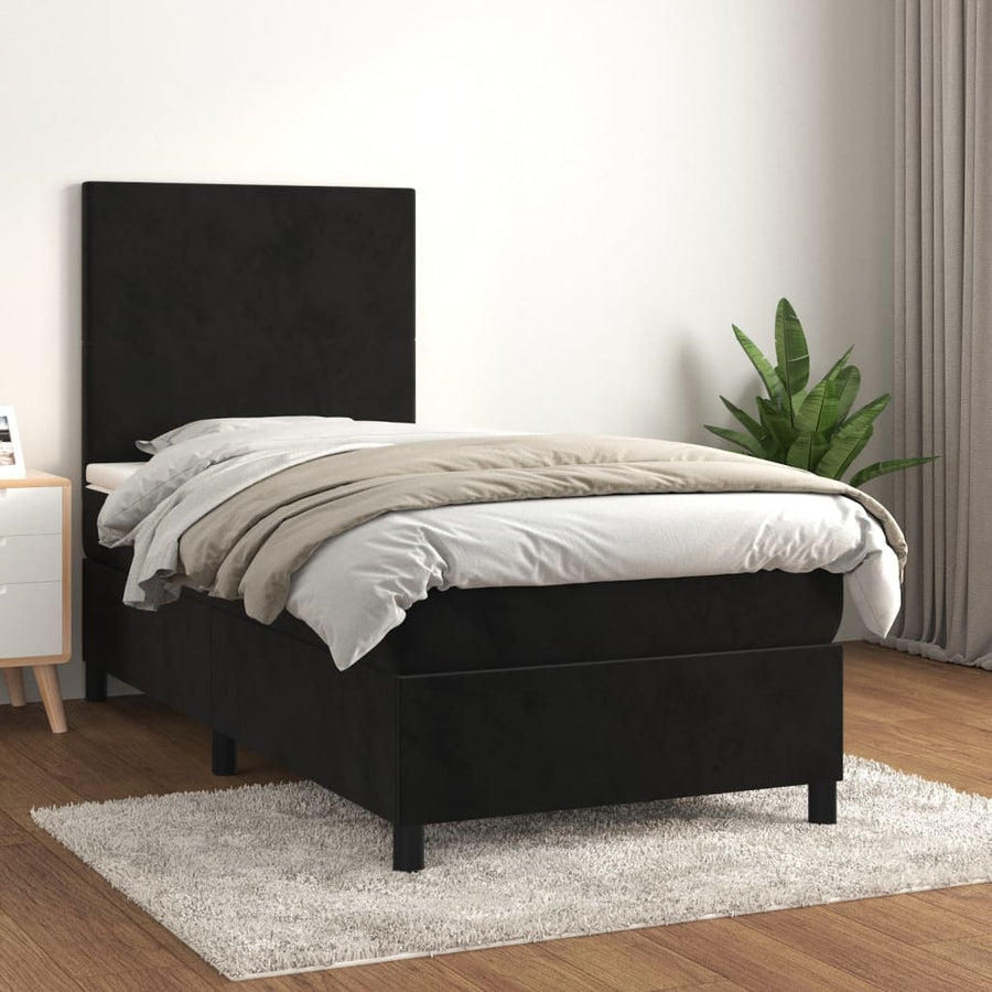 Box Spring Bed with Mattress Black 107x203 cm King Single Size Velvet