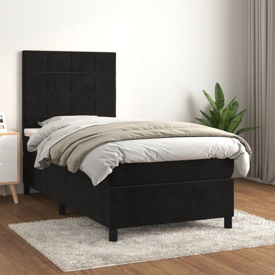 Box Spring Bed with Mattress Black 107x203 cm King Single Size Velvet