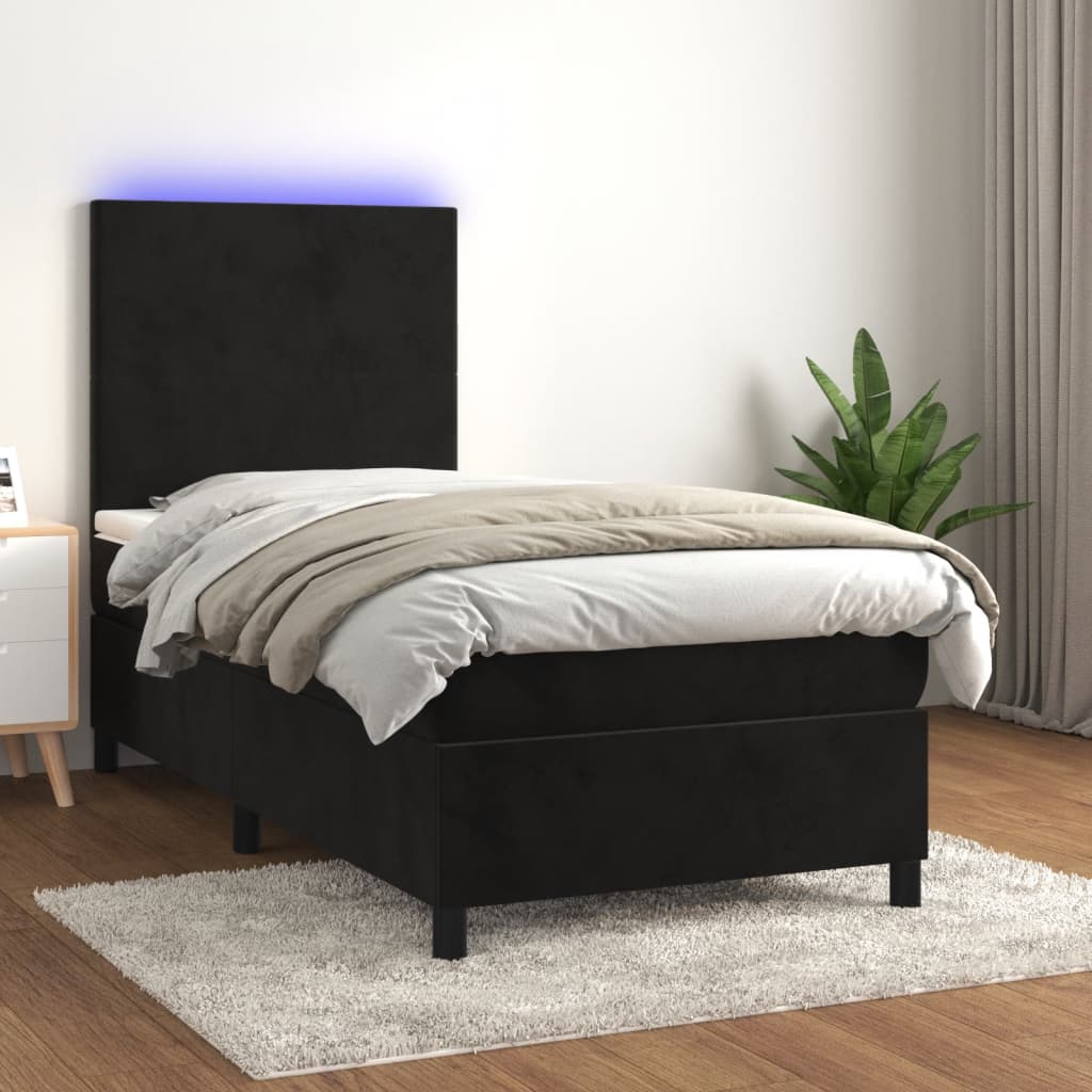 Box Spring Bed with Mattress&LED Black 106x203 cm King Single Size Velvet