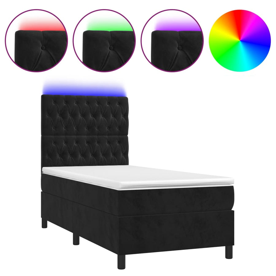 Box Spring Bed with Mattress&LED Black 107x203 cm King Single Size Velvet