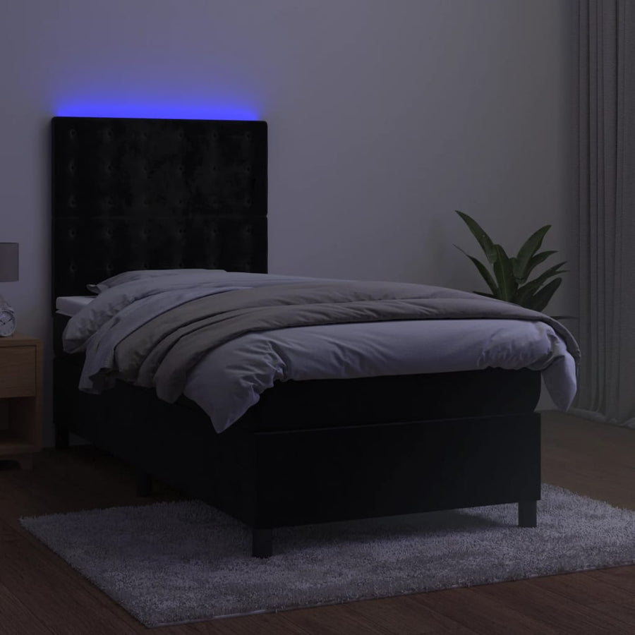 Box Spring Bed with Mattress&LED Black 107x203 cm King Single Size Velvet