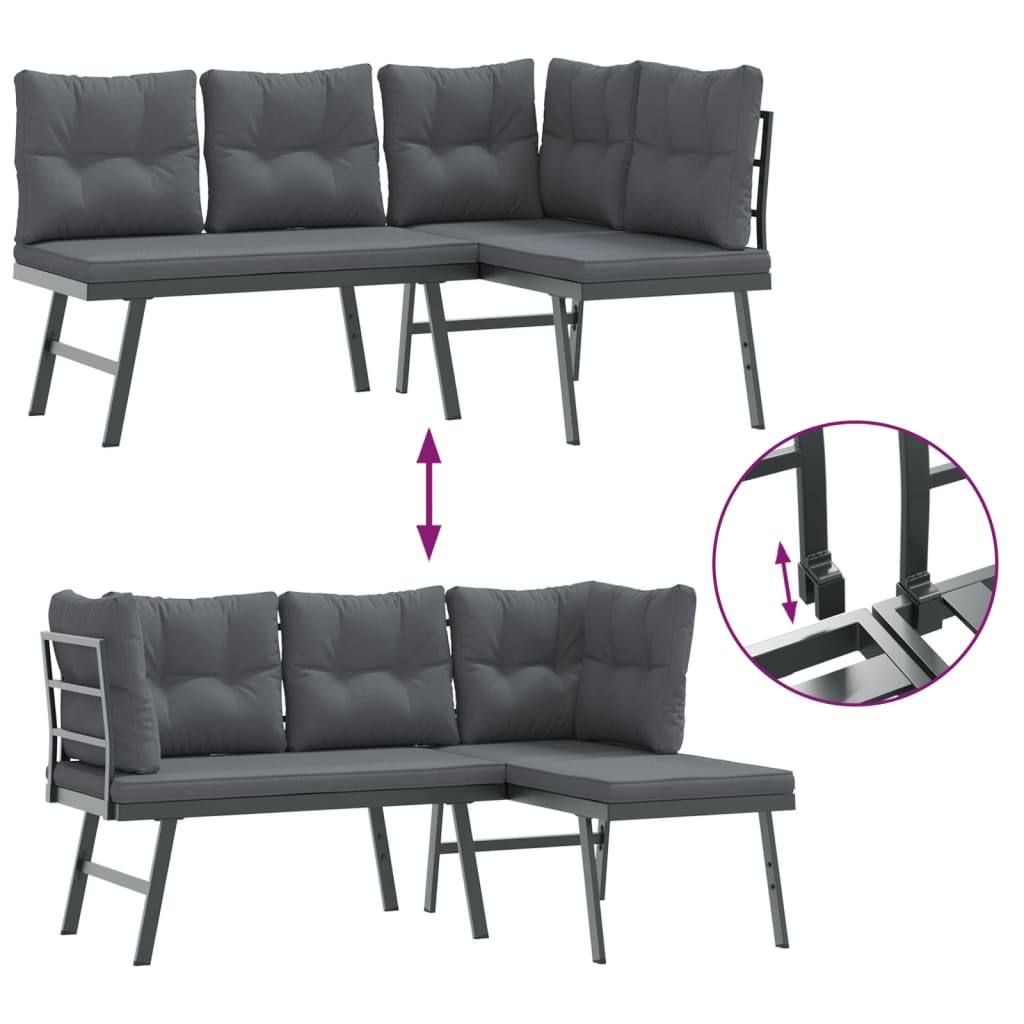 5 Piece Garden Bench Set with Cushions Black Powder-coated Steel