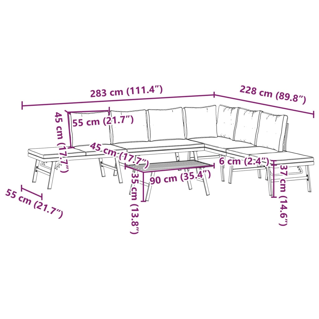 5 Piece Garden Bench Set with Cushions Black Powder-coated Steel