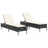 3 Piece Sun Lounger Set with Cushion Black Poly Rattan - Front View