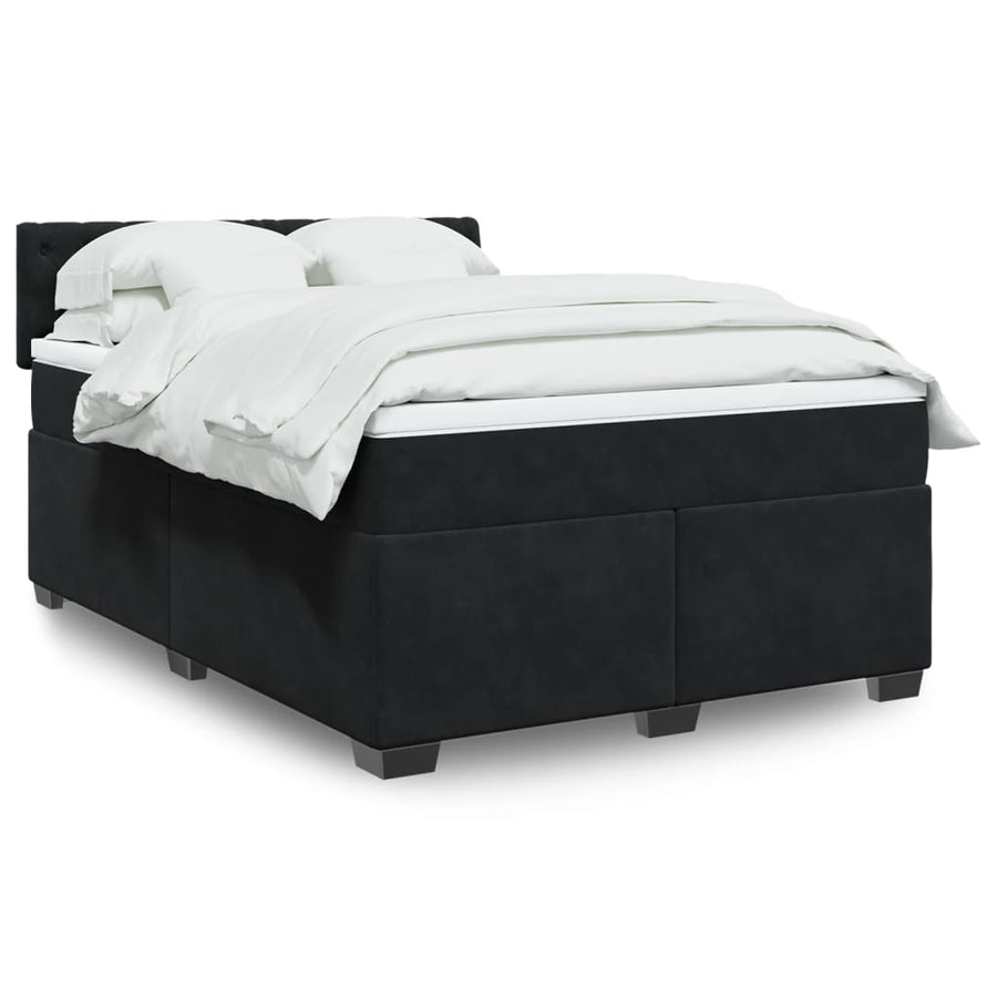 Box Spring Bed with Mattress Black Queen Velvet