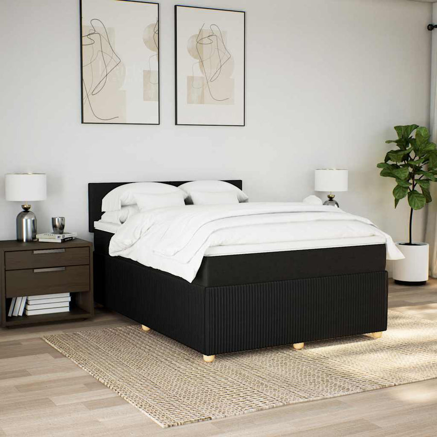 Box Spring Bed with Mattress Black Queen Fabric
