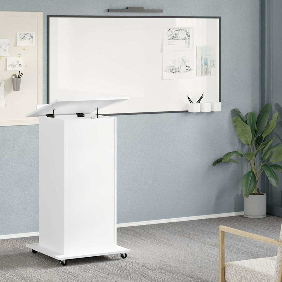 Lectern with Wheels & Drawer White 55x55x107 cm Engineered Wood