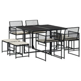 9 Piece Garden Dining Set with Cushions Black Poly Rattan - Front View