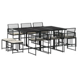 11 Piece Garden Dining Set with Cushions Black Poly Rattan - Front View