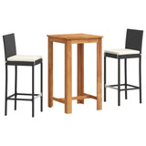 3 Piece Garden Bar Set Black Solid Wood Acacia and Poly Rattan - Front View