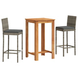 3 Piece Garden Bar Set Grey Solid Wood Acacia and Poly Rattan - Front View
