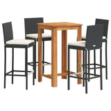 5 Piece Garden Bar Set Black Solid Wood Acacia and Poly Rattan - Front View
