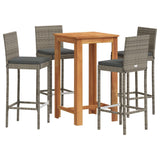 5 Piece Garden Bar Set Grey Solid Wood Acacia and Poly Rattan - Front View