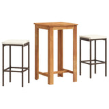 3 Piece Garden Bar Set Brown Solid Wood Acacia and Poly Rattan - Front View