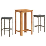 3 Piece Garden Bar Set Grey Solid Wood Acacia and Poly Rattan - Front View