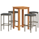 5 Piece Garden Bar Set Grey Solid Wood Acacia and Poly Rattan - Front View