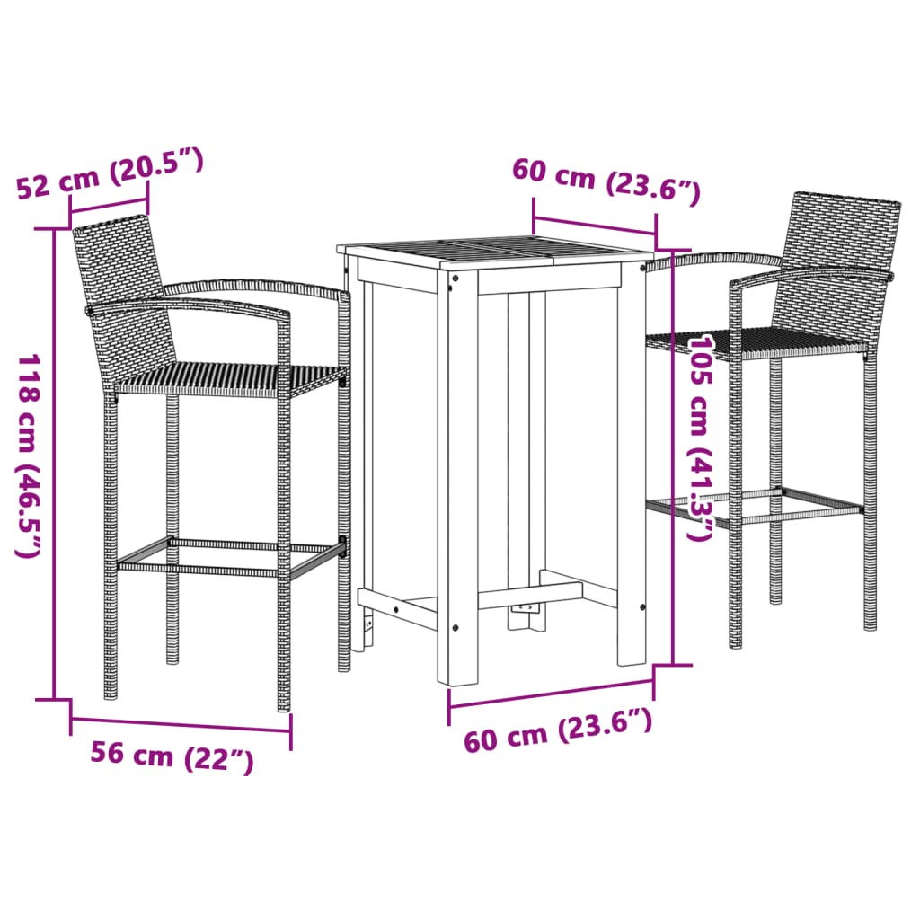 3 Piece Garden Bar Set Grey Solid Wood Acacia and Poly Rattan