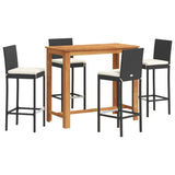 5 Piece Garden Bar Set Black Solid Wood Acacia and Poly Rattan - Front View