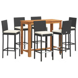 7 Piece Garden Bar Set Black Solid Wood Acacia and Poly Rattan - Front View