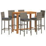 7 Piece Garden Bar Set Grey Solid Wood Acacia and Poly Rattan - Front View