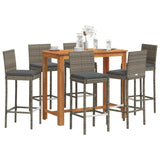 7 Piece Garden Bar Set Grey Solid Wood Acacia and Poly Rattan