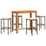 5 Piece Garden Bar Set Brown Solid Wood Acacia and Poly Rattan - Front View
