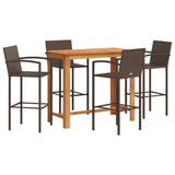 5 Piece Garden Bar Set Brown Solid Wood Acacia and Poly Rattan - Front View