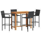 5 Piece Garden Bar Set Black Solid Wood Acacia and Poly Rattan - Front View