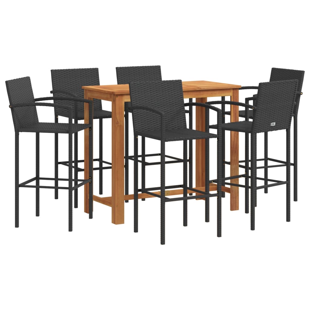 7 Piece Garden Bar Set Black Solid Wood Acacia and Poly Rattan