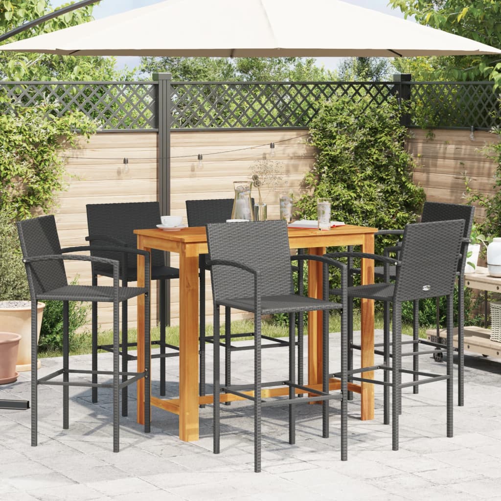 7 Piece Garden Bar Set Black Solid Wood Acacia and Poly Rattan