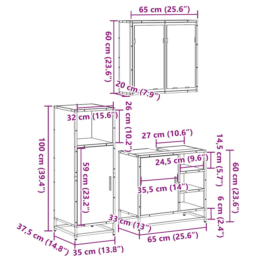 3 Piece Bathroom Furniture Set Sonoma Oak Engineered Wood