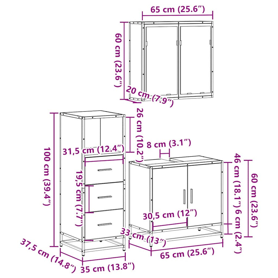 3 Piece Bathroom Furniture Set Sonoma Oak Engineered Wood