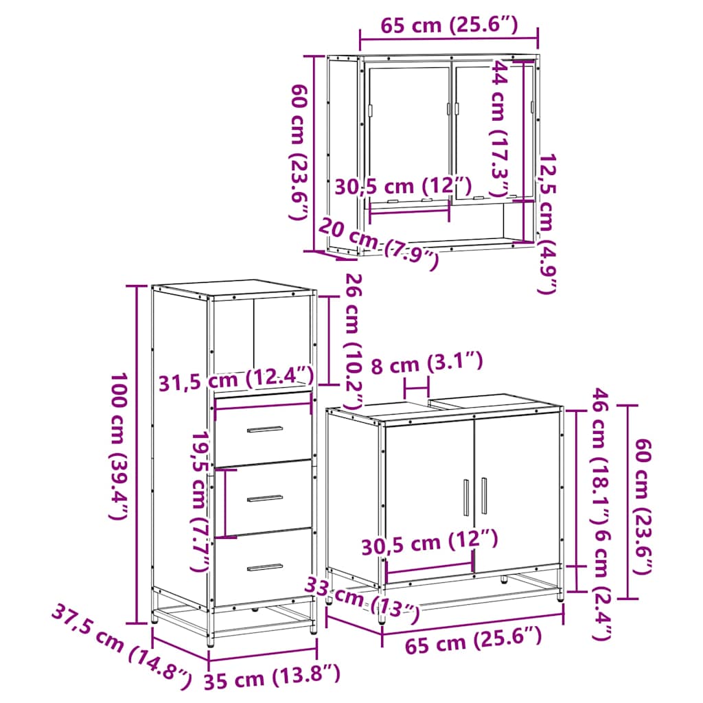 3 Piece Bathroom Furniture Set Sonoma Oak Engineered Wood